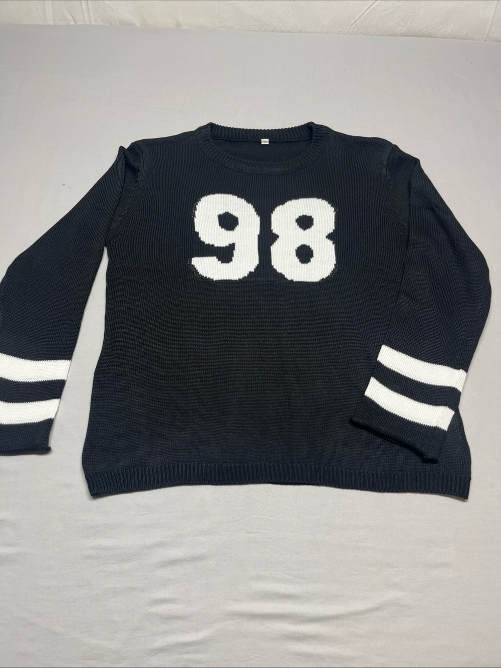 Black Crewneck Sweater with White '98' Graphic